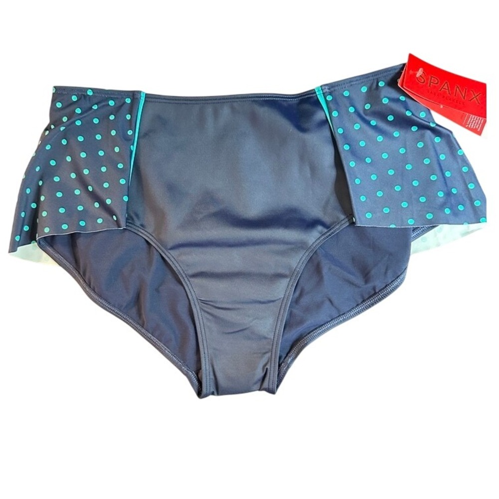 Spanx Swim Bottom Women 12 Navy Blue Polka Dot High Waist Skirted Shaping Bikini